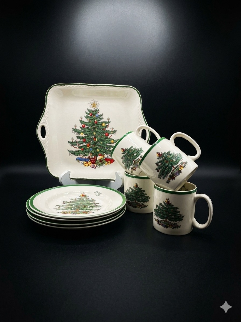 Spode and Cuthbertson Christmas Tree Mugs, Plates and a sweets tray- 9 pieces